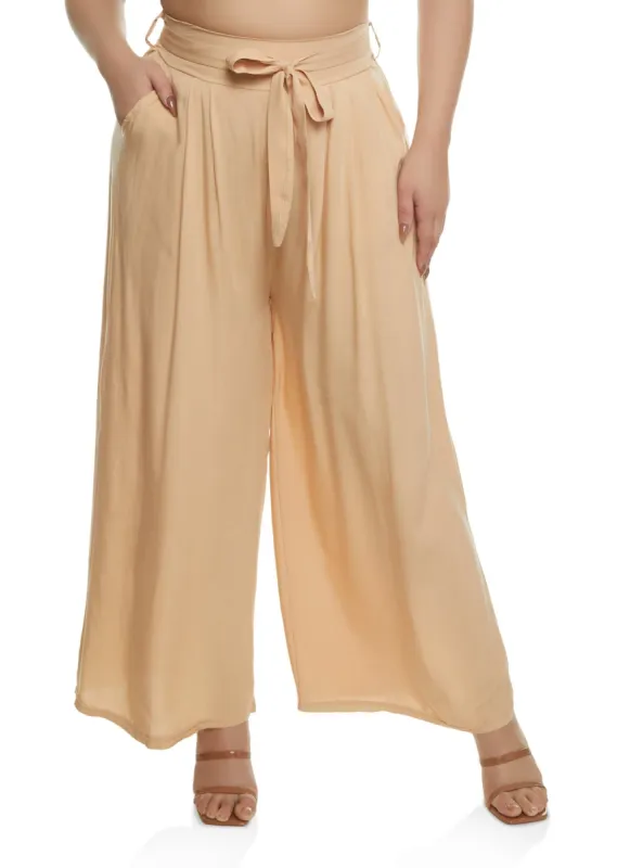 Plus Size High Waisted Tie Waist Wide Leg Pants sold by Rainbow