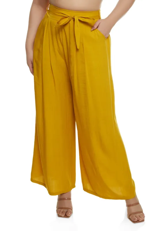 Plus Size High Waisted Tie Waist Wide Leg Pants sold by Rainbow