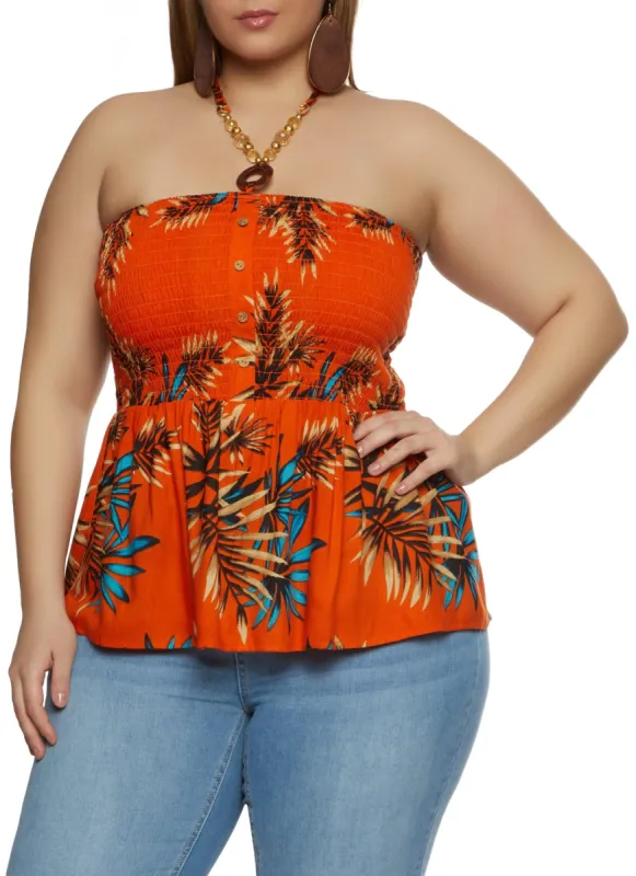 Plus Size Tropical Print Smocked Halter Top sold by Rainbow