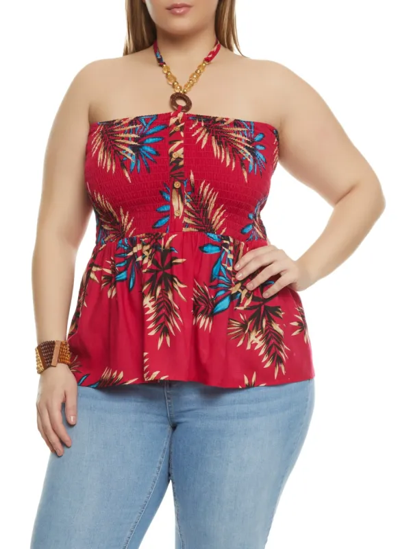 Plus Size Tropical Print Smocked Halter Top sold by Rainbow