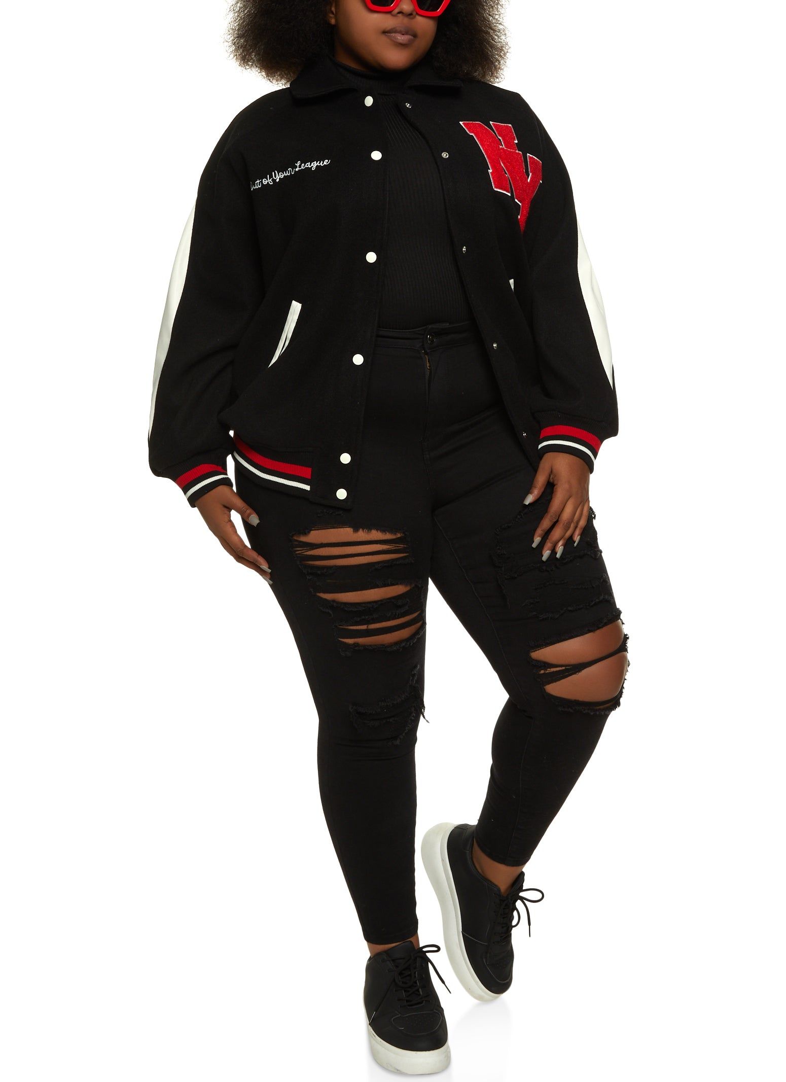 Plus Size NY Chenille Patch Collared Varsity Bomber Jacket sold by Rainbow product image thumbnail 2