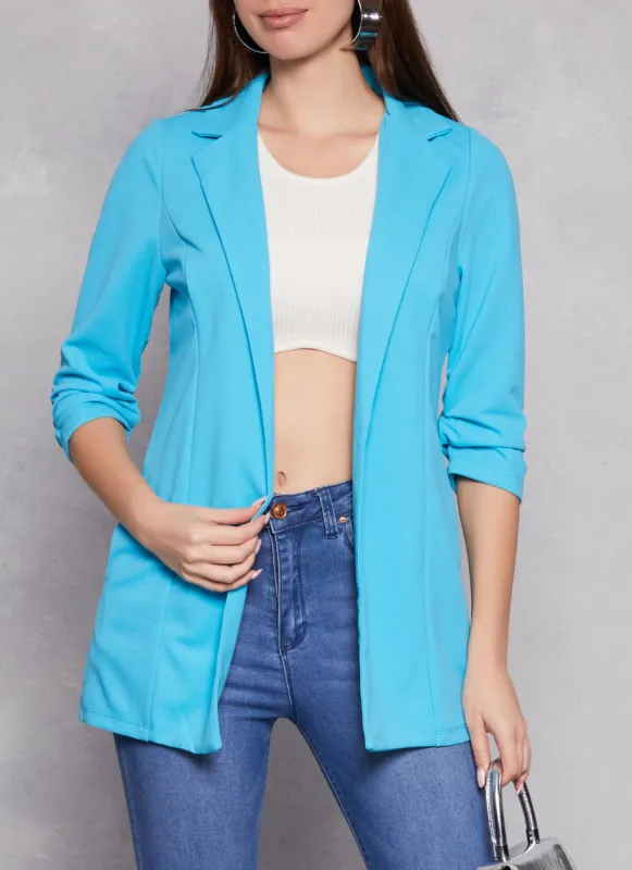 Solid Open Front Ruched Sleeve Blazer sold by Rainbow
