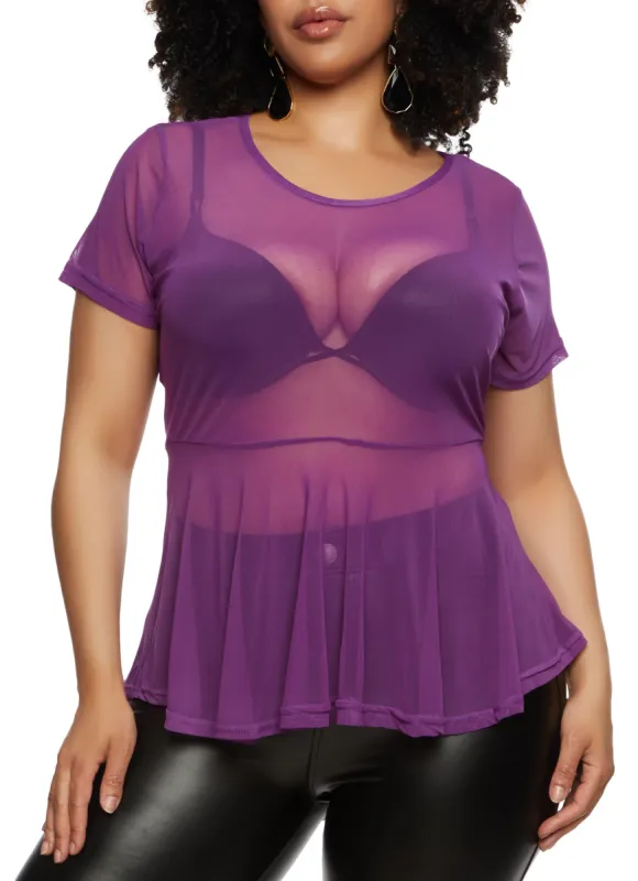 Plus Size Sheer Mesh Short Sleeve Peplum Top sold by Rainbow