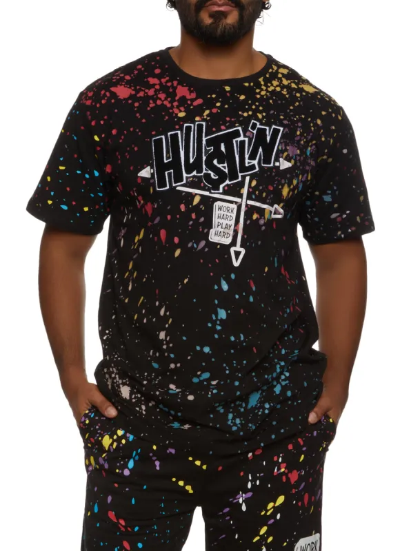 Mens Hustlin Paint Splatter Chenille Patch Graphic Tee sold by Rainbow