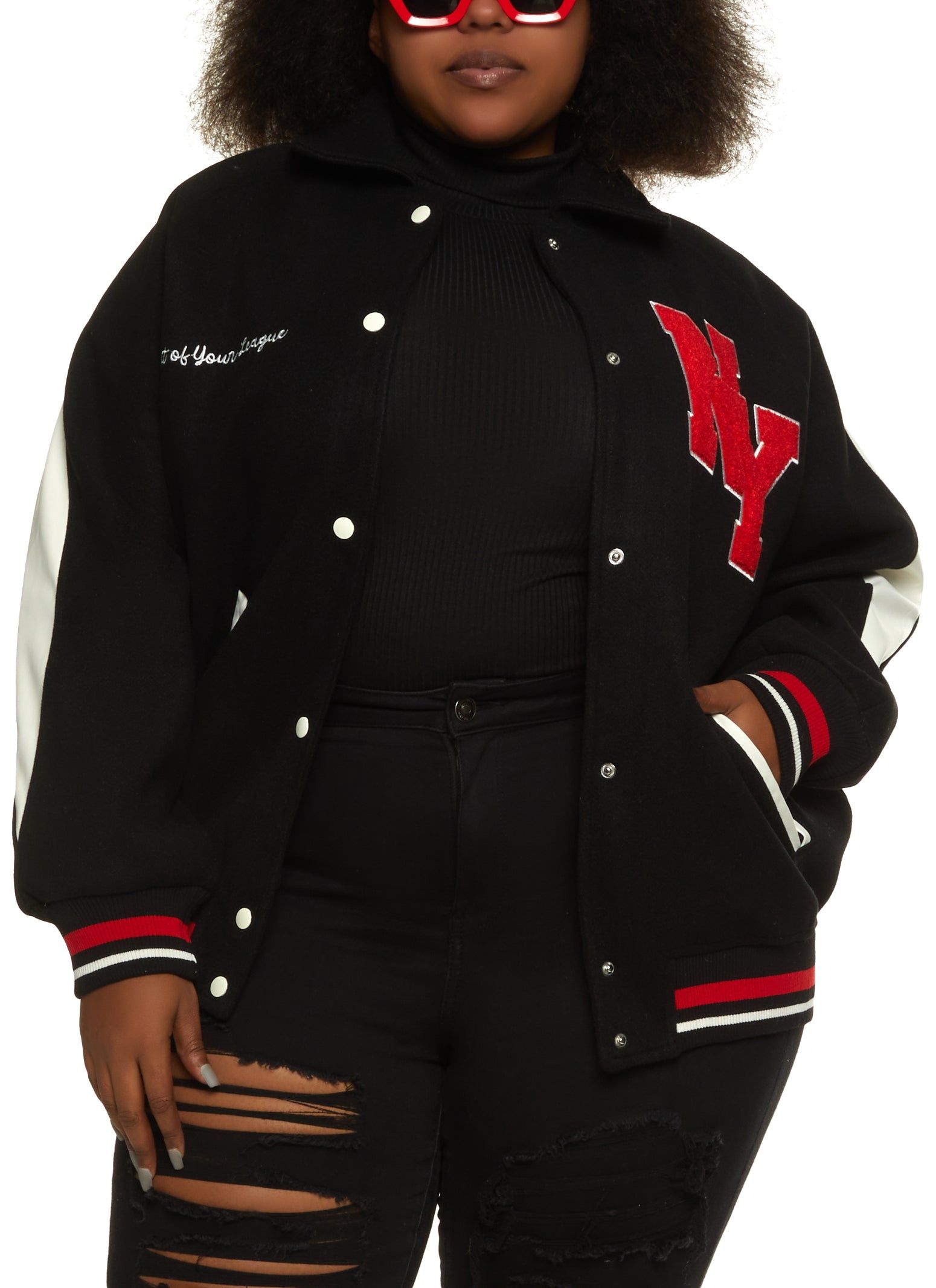 Plus Size NY Chenille Patch Collared Varsity Bomber Jacket sold by Rainbow
