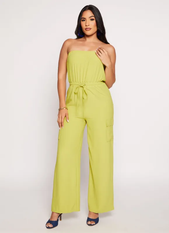 Haute Monde Strapless Drawstring Cargo Pocket Jumpsuit sold by Rainbow