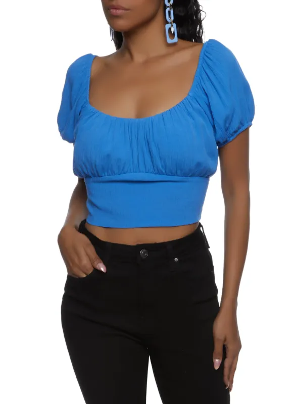 Puff Sleeve Tie Back Cropped Peasant Top sold by Rainbow