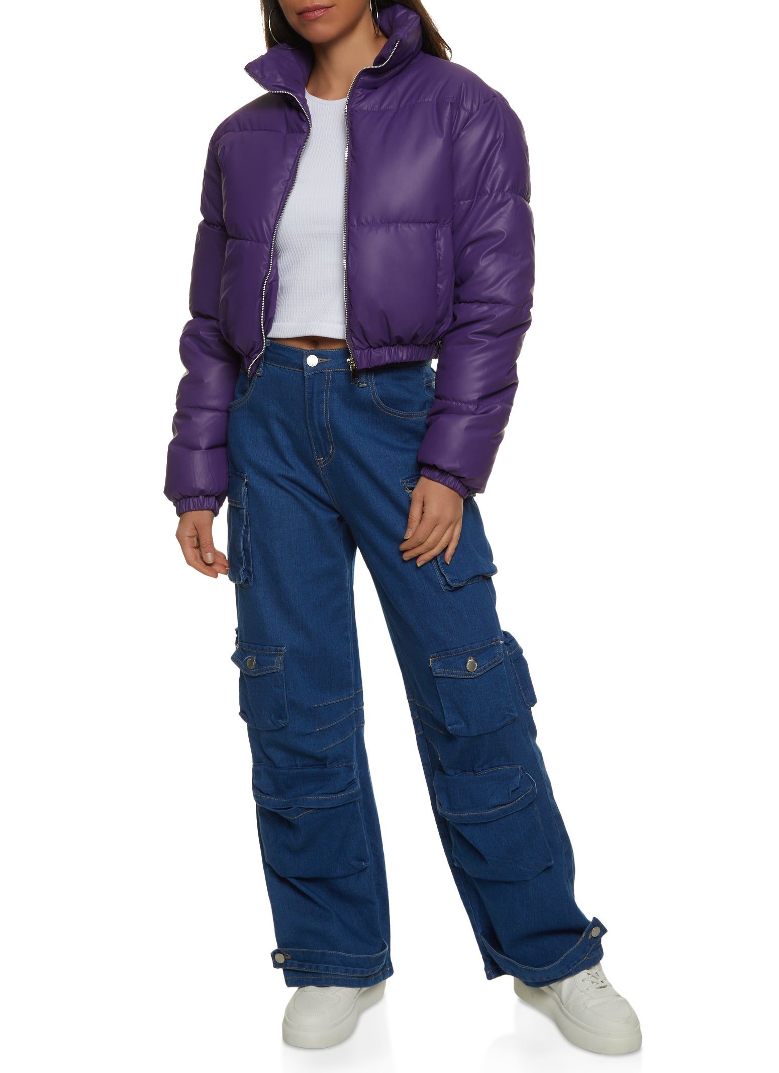 Faux Leather Zip Front Cropped Puffer Jacket sold by Rainbow product image thumbnail 2