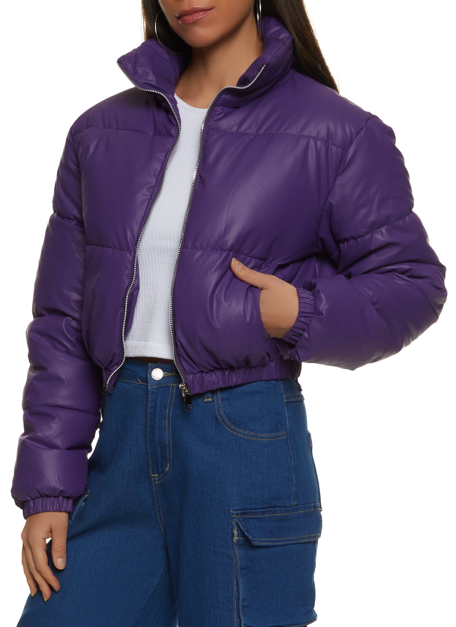 Faux Leather Zip Front Cropped Puffer Jacket sold by Rainbow