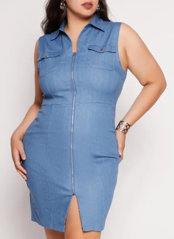 Plus Size Zip Front Denim Shirt Dress sold by Rainbow