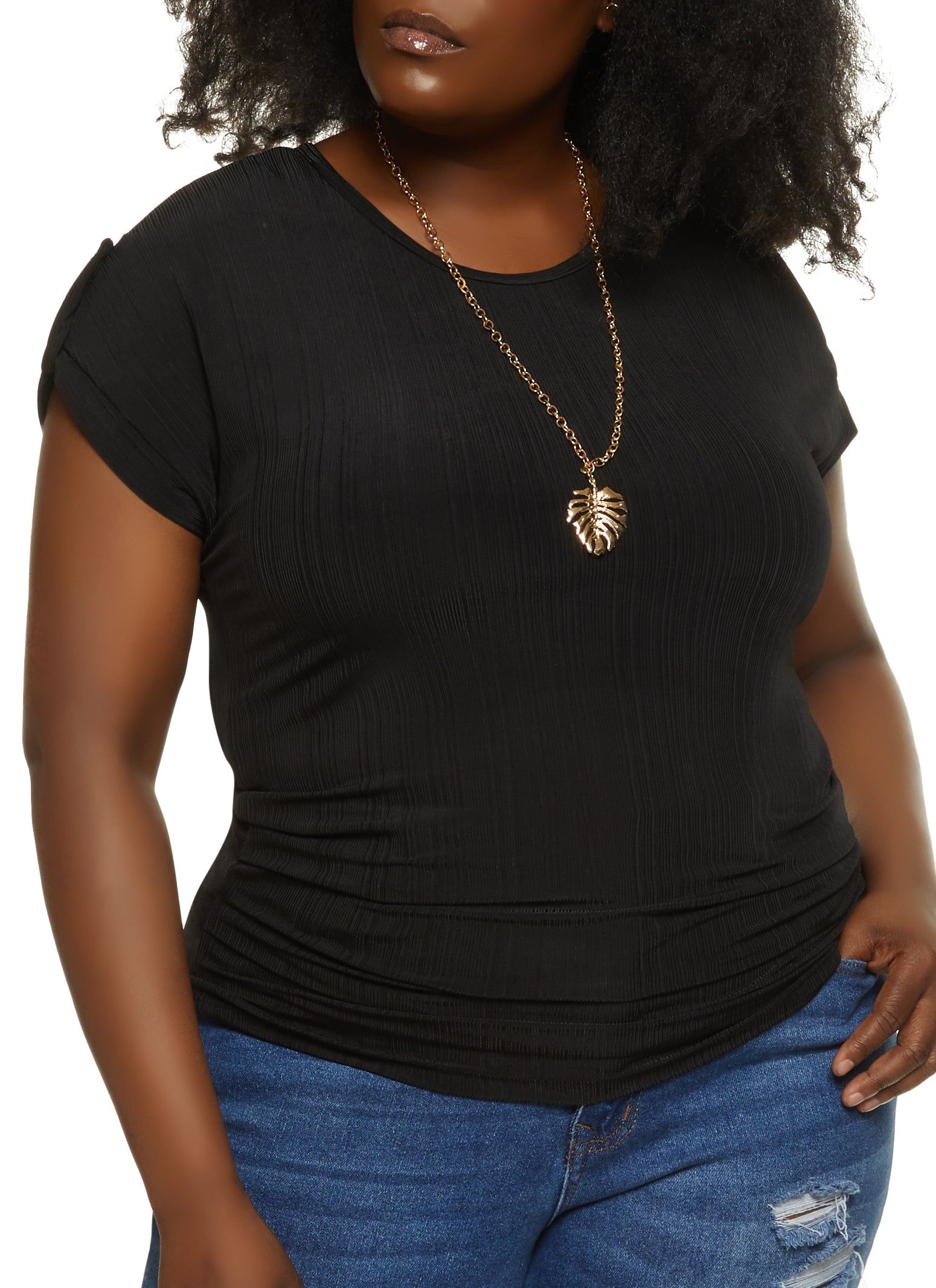 Plus Size Plisse Tabbed Sleeve Top with Necklace sold by Rainbow