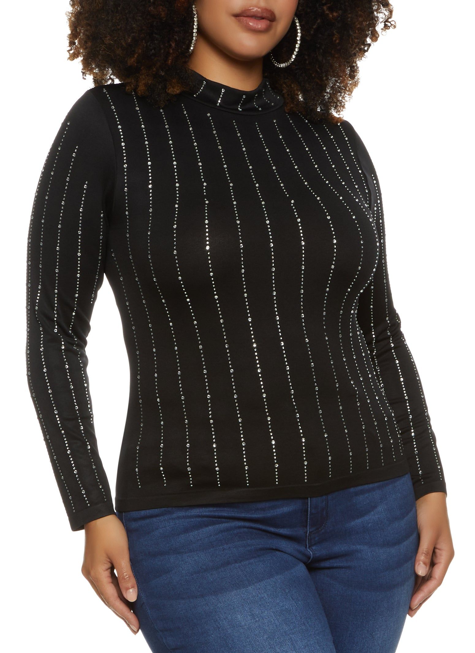 Plus Size Rhinestone Striped Mock Neck Top sold by Rainbow