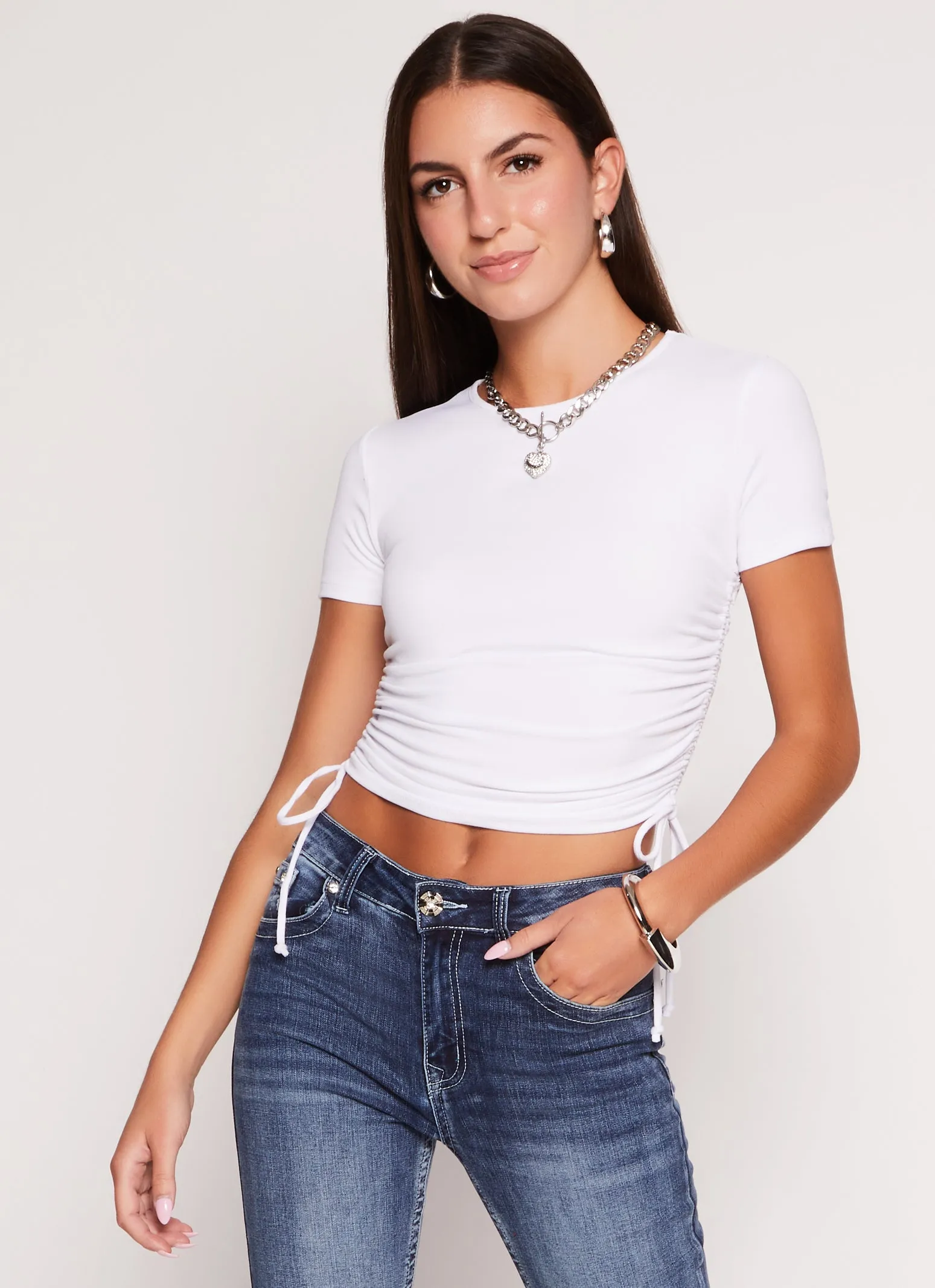 Solid Crew Neck Ruched Side Crop Top sold by Rainbow