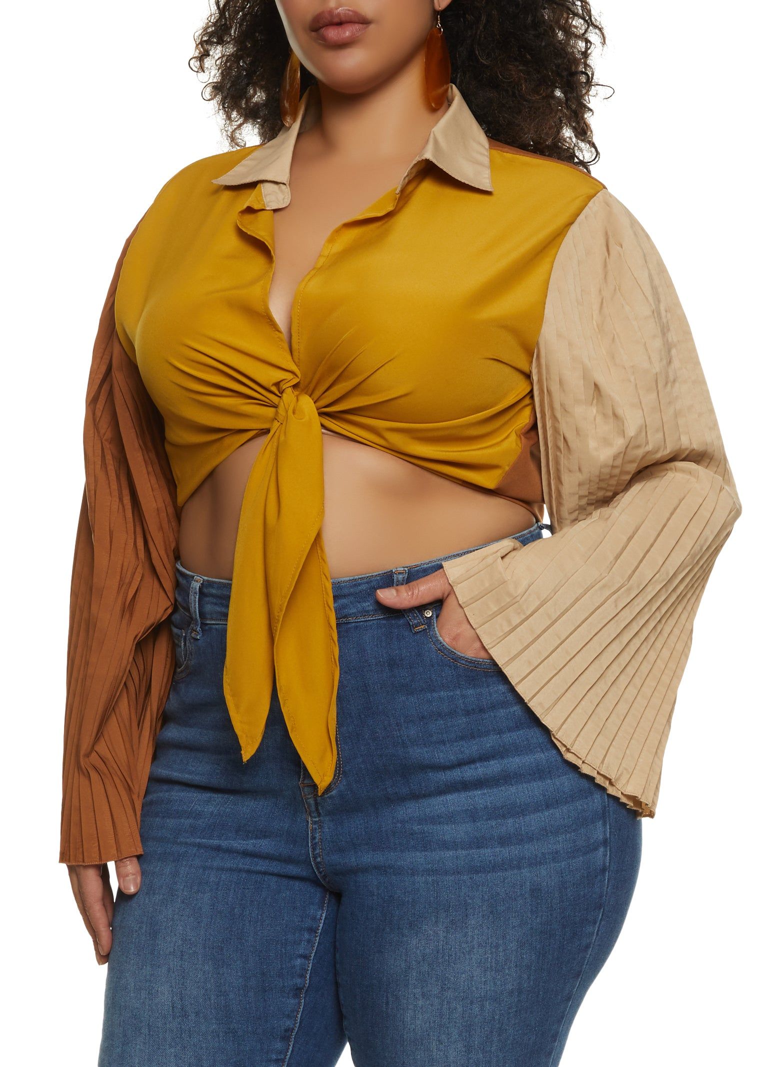 Plus Size Color Block Pleated Sleeve Blouse sold by Rainbow