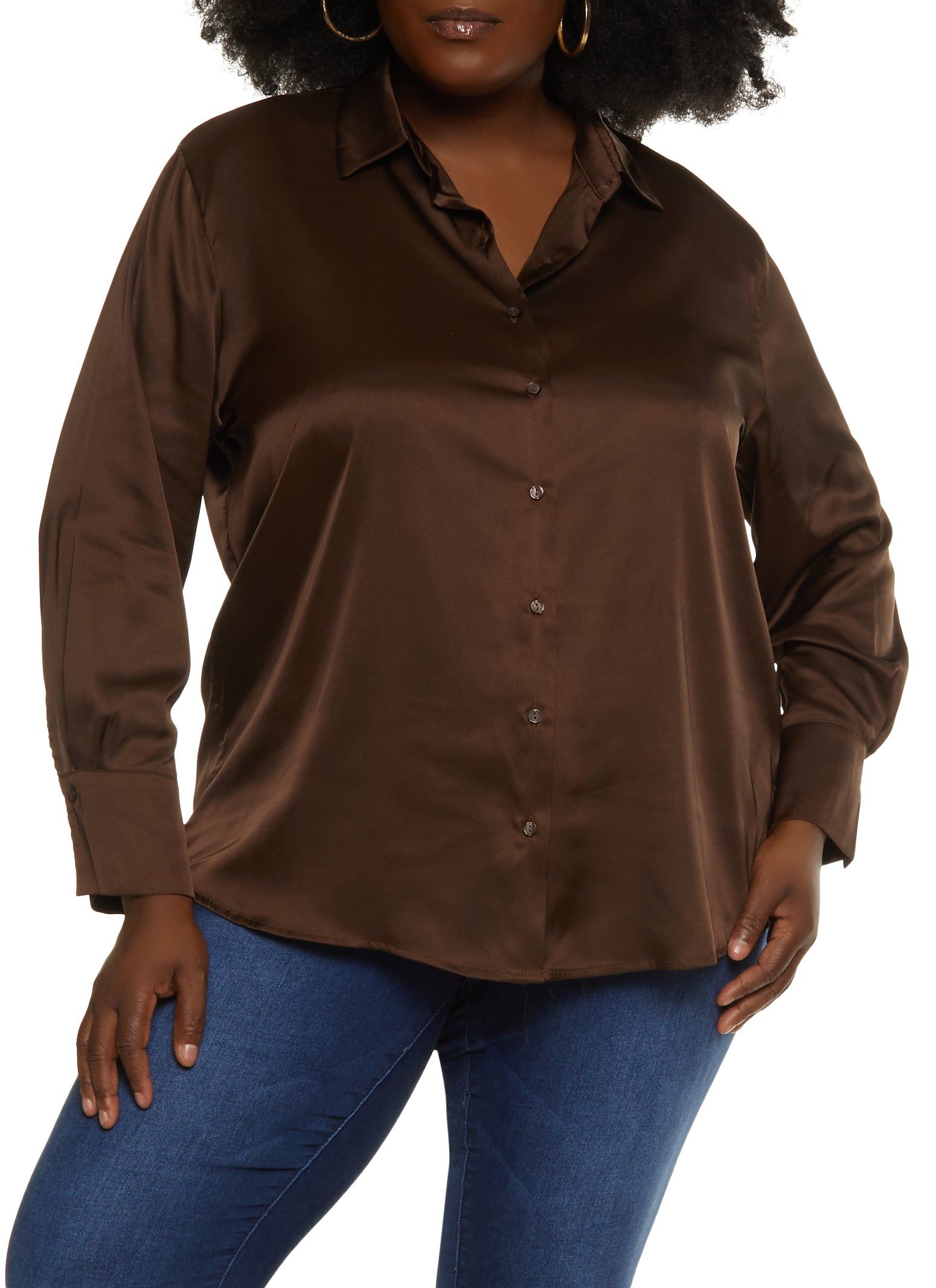 Plus Size Satin Solid Button Down Shirt sold by Rainbow