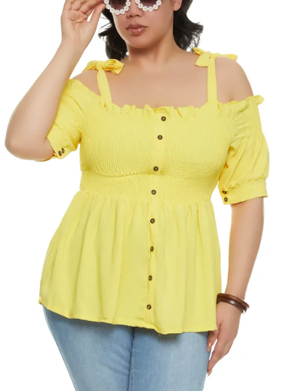 Plus Size Smocked Button Front Cold Shoulder Top sold by Rainbow