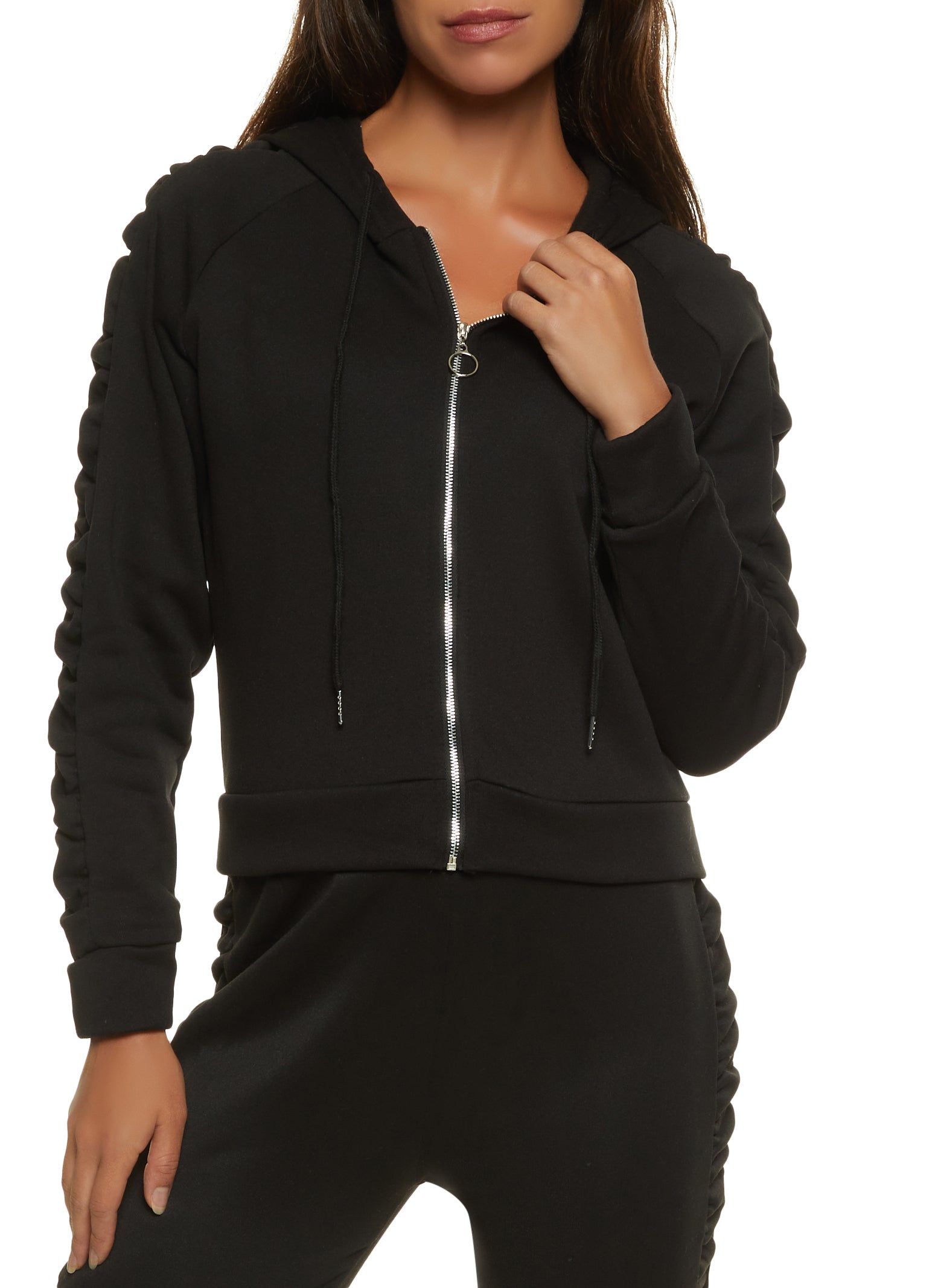 Ruched Sleeve Detail Zip Hoodie sold by Rainbow
