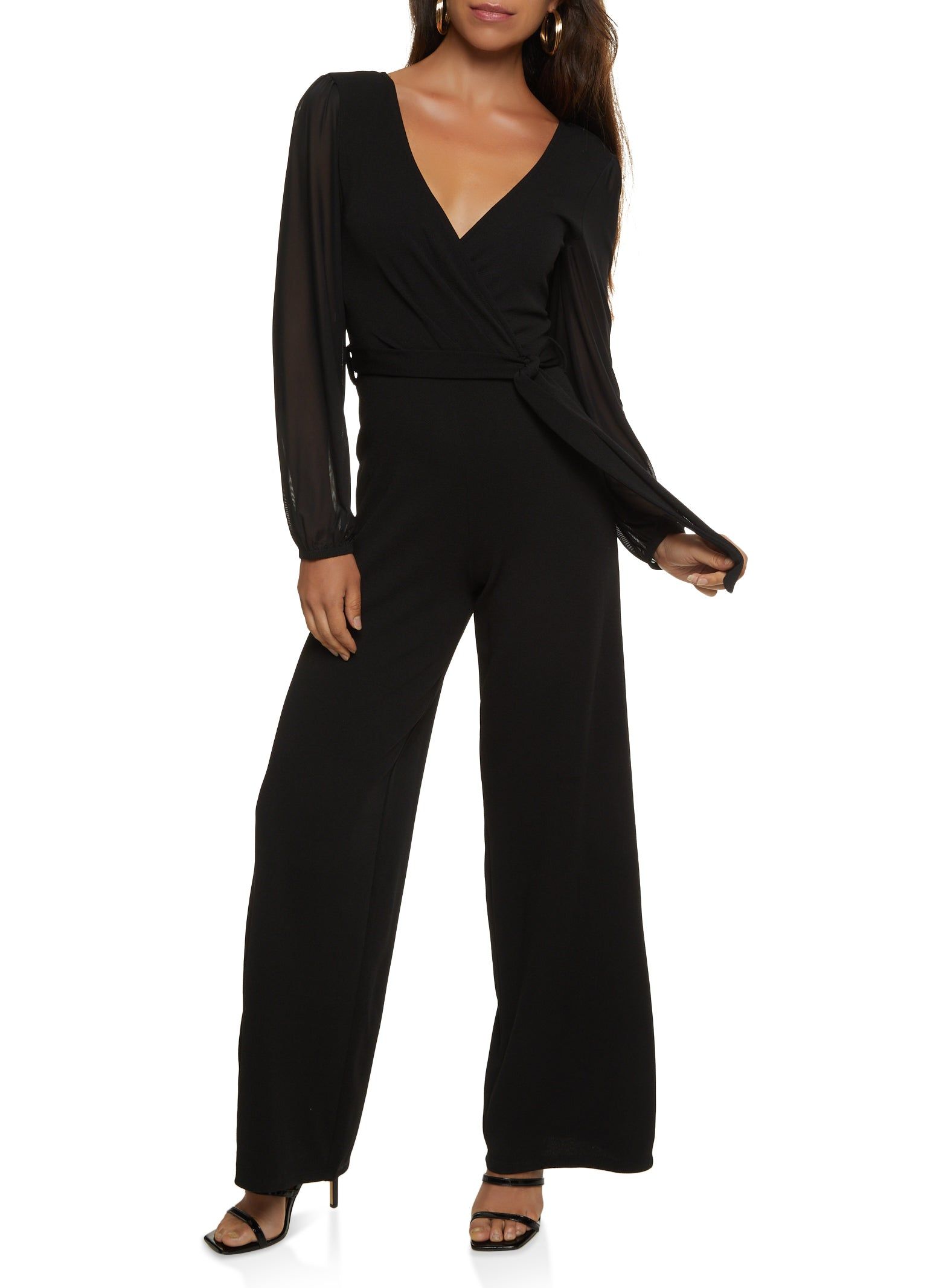 Mesh Sleeve Tie Waist Wrap Jumpsuit sold by Rainbow