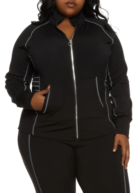 Plus Size Fleece Contrast Stitch Zip Front Track Jacket sold by Rainbow