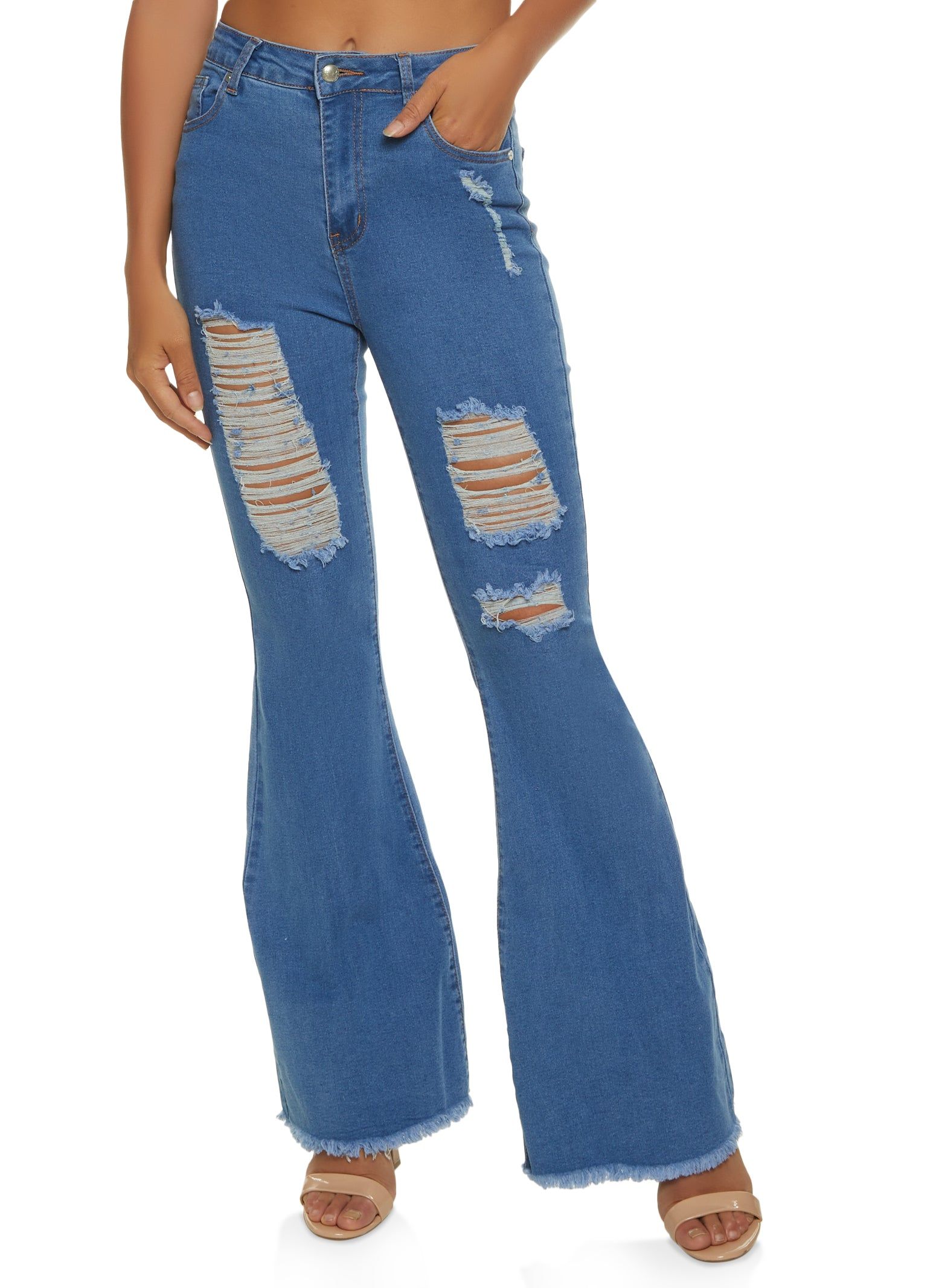 High Waist Distressed Frayed Flared Jeans sold by Rainbow