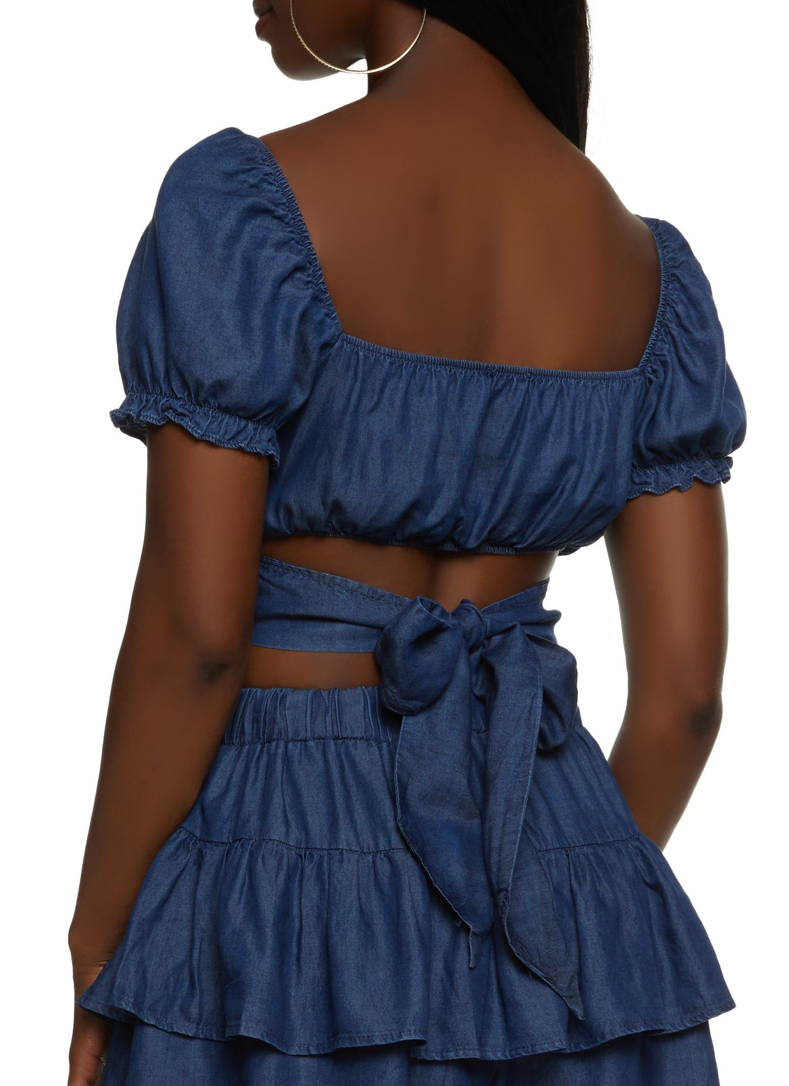 Chambray Puff Sleeve Tie Back Crop Top sold by Rainbow product image thumbnail 3