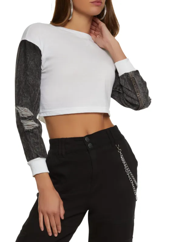 Denim Sleeve Laser Cut Back Crop Top sold by Rainbow