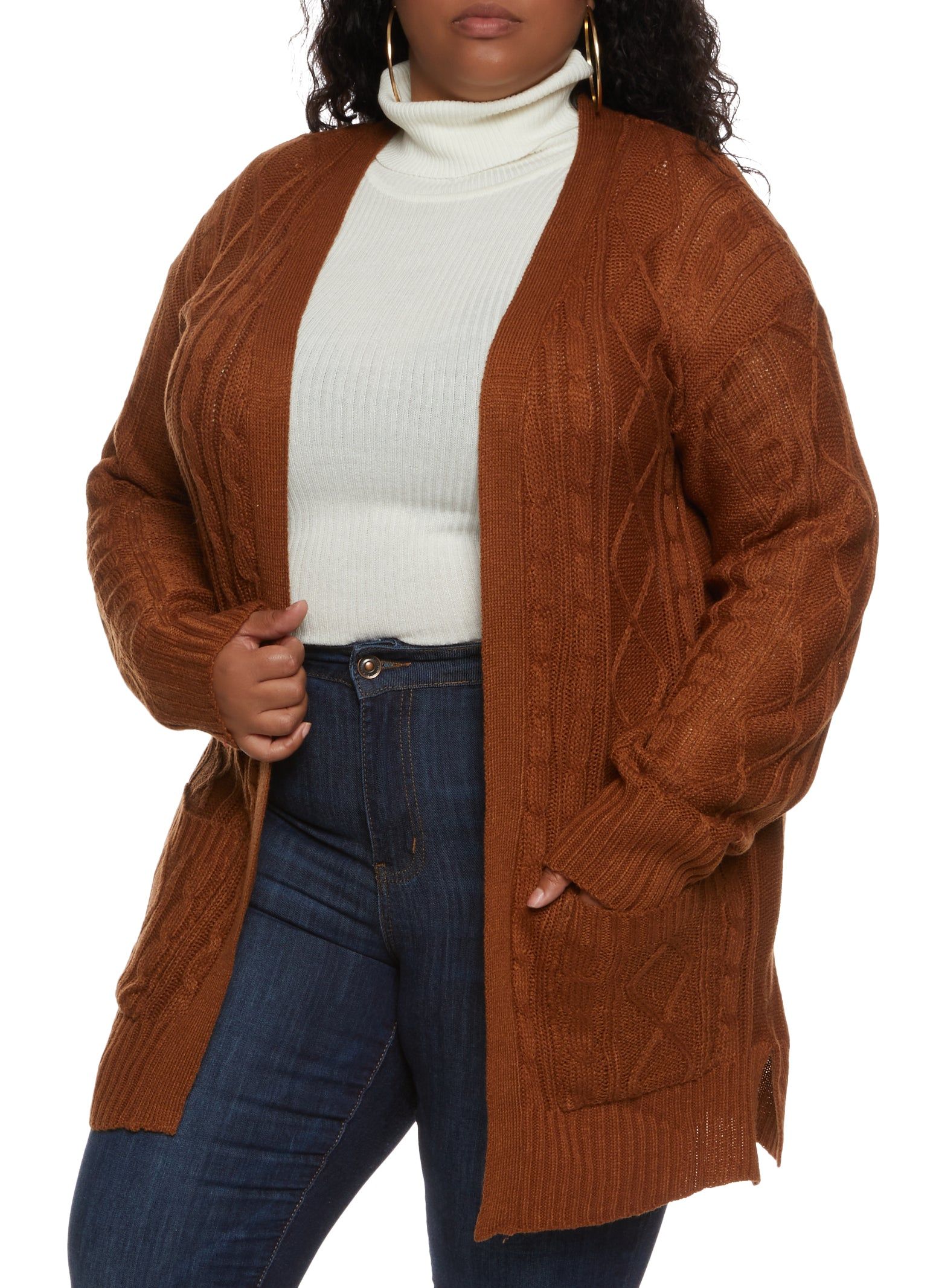 Plus Size Cable Knit Open Front Cardigan sold by Rainbow