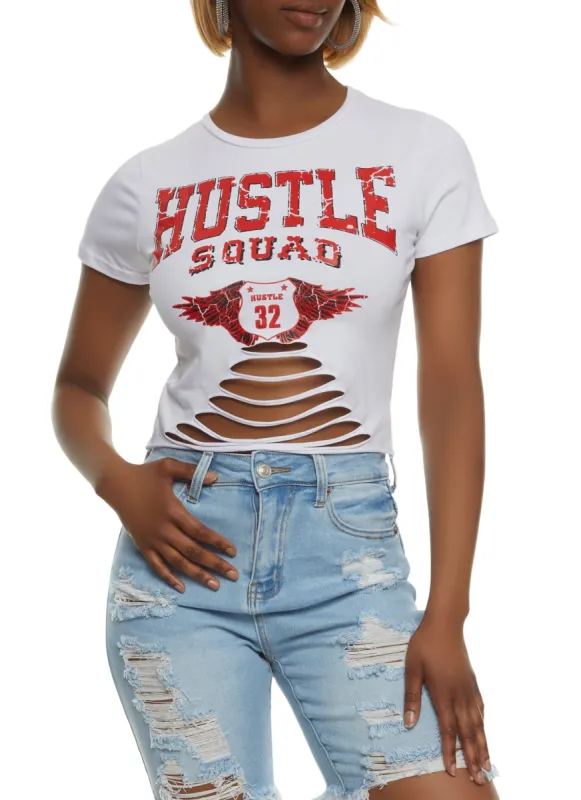 Hustle Squad Laser Cut Cropped Graphic Tee made by Rainbow