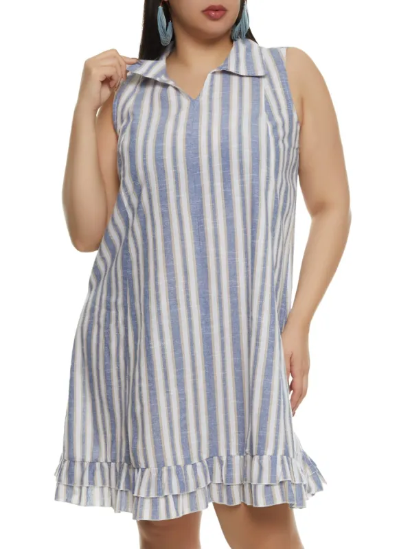 Plus Size Linen Ruffle Hem Collared Dress sold by Rainbow