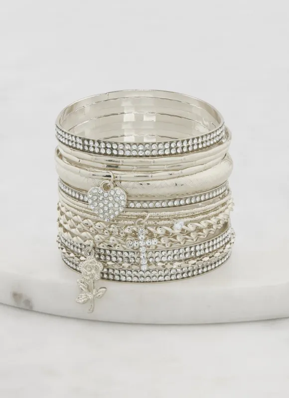 Cross Heart Rose Charm Bangles Set of 14 sold by Rainbow