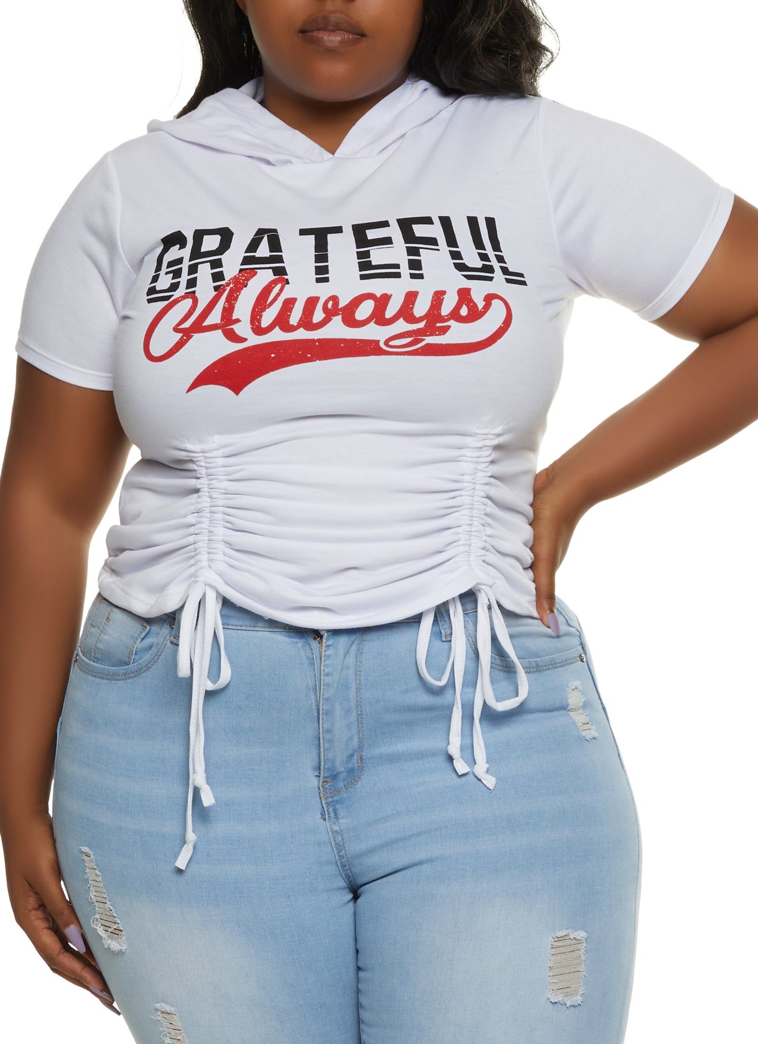 Plus Size Always Grateful Ruched Front Hooded Top sold by Rainbow