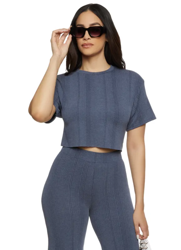 Solid Ribbed Short Sleeve Crop Top sold by Rainbow