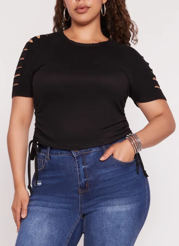 Plus Size Laser Cut Sleeve Ruched Sleeve T Shirt sold by Rainbow