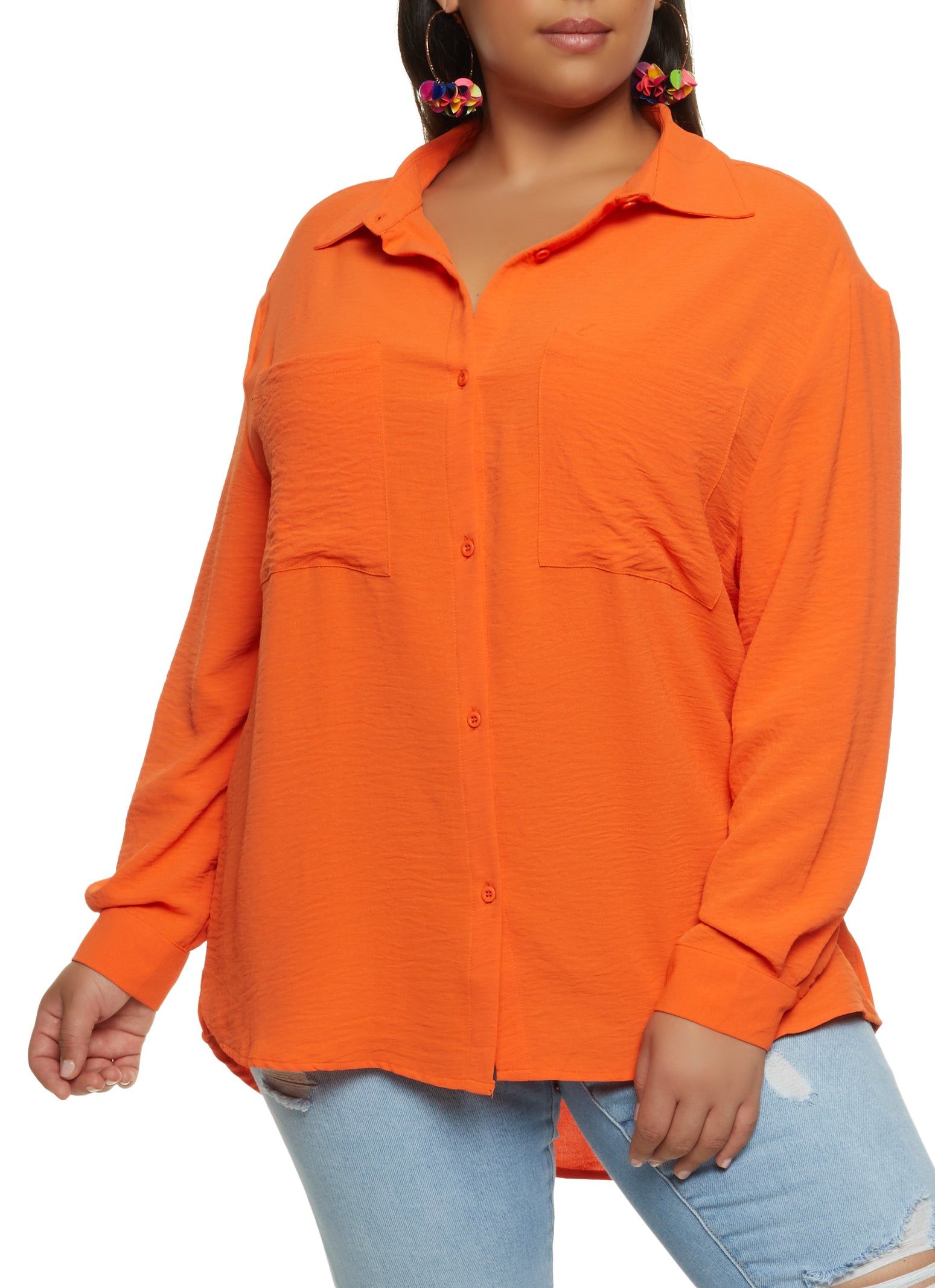 Plus Size Airy Pocket Button Front Shirt sold by Rainbow