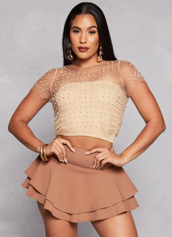 Haute Monde Mesh Rhinestone Faux Pearl Short Sleeve Top sold by Rainbow