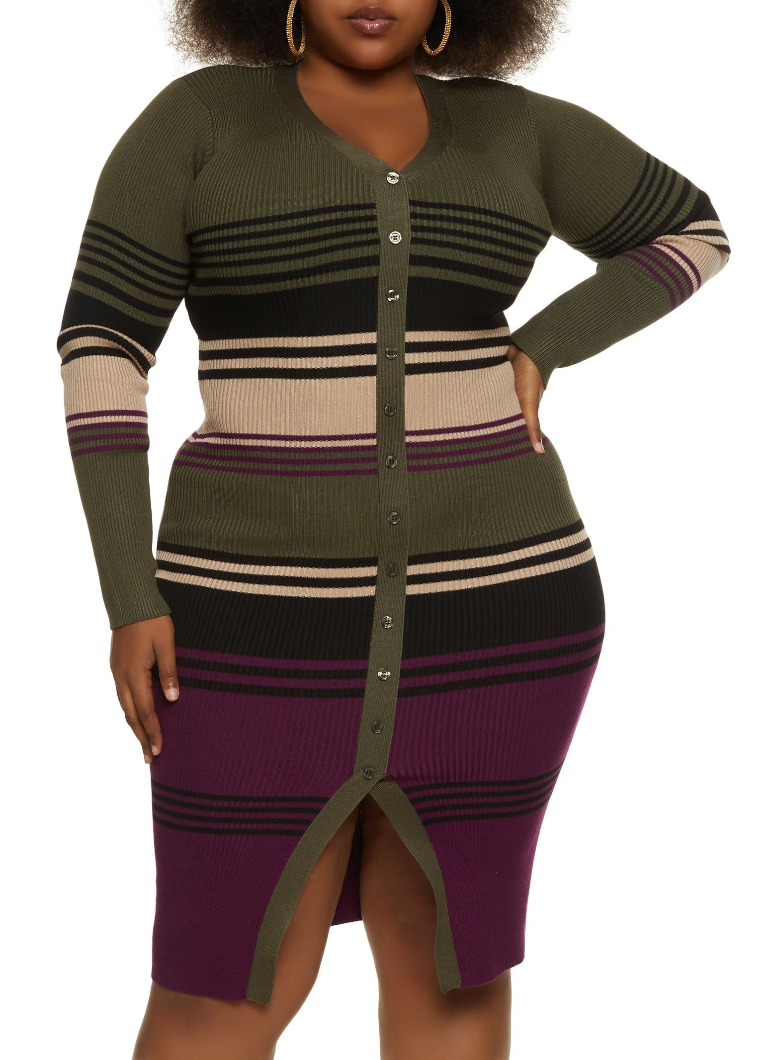 Plus Size Striped Button Detail Sweater Dress sold by Rainbow
