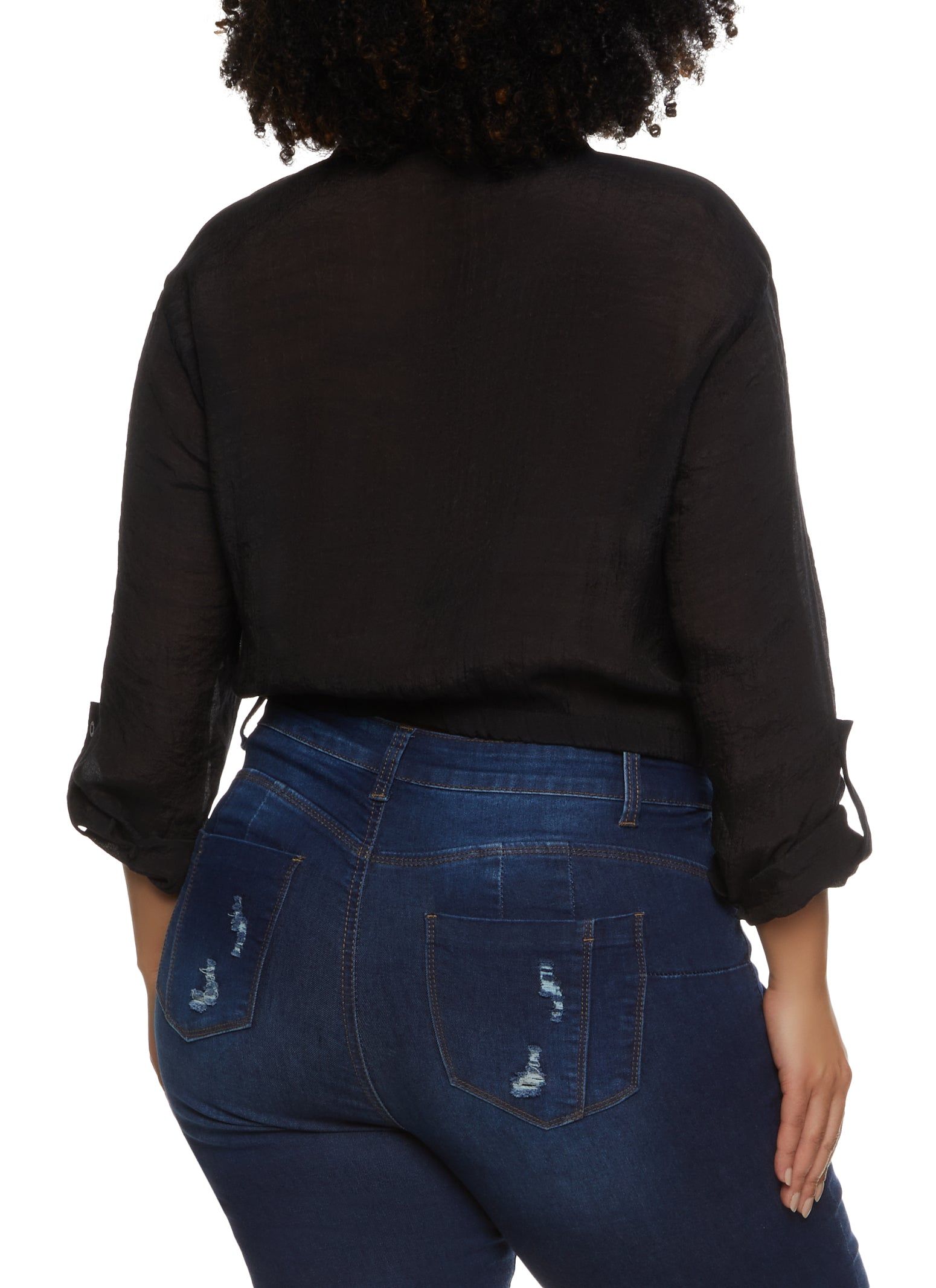 Plus Size Gauze Knit Tie Front Cropped Shirt sold by Rainbow product image thumbnail 2