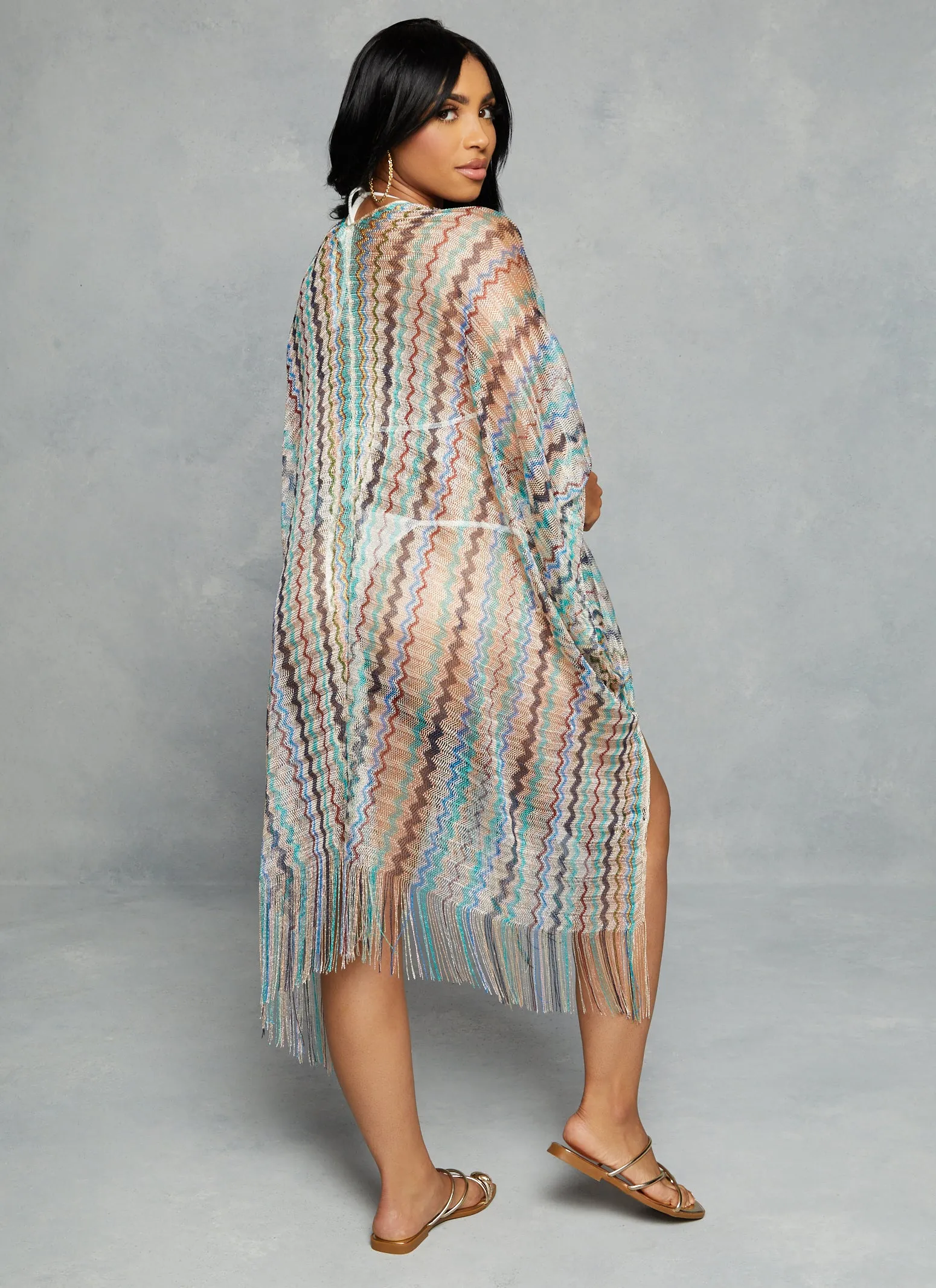 Chevron Fishnet Fringe Hem Swim Cover Up Kimono sold by Rainbow product image thumbnail 3