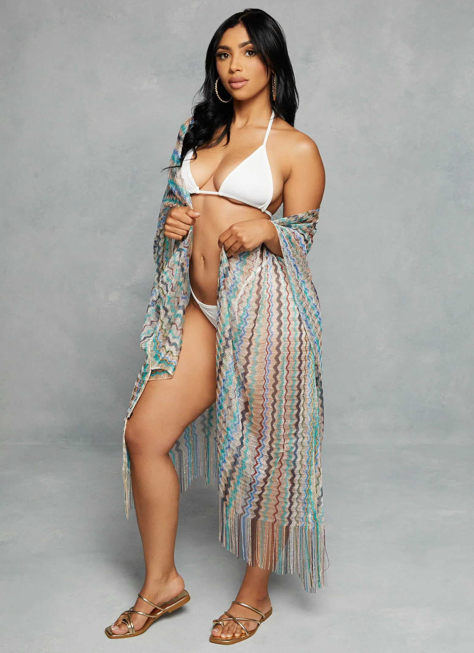 Chevron Fishnet Fringe Hem Swim Cover Up Kimono sold by Rainbow product image thumbnail 2
