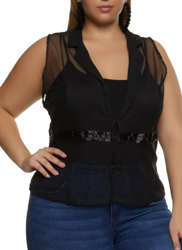 Plus Size Mesh Hook and Eye Closure Blazer Vest sold by Rainbow