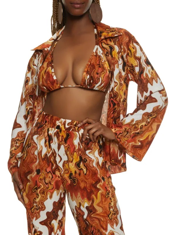 Patterned Plisse Open Front Shirt with Halter Top sold by Rainbow