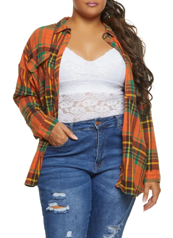 Plus Size High Low Plaid Flannel Shirt sold by Rainbow