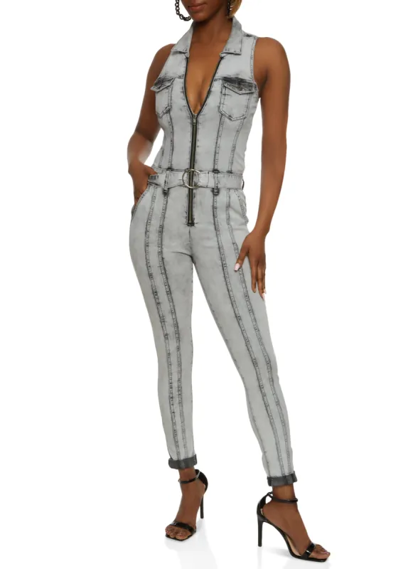 VIP Acid Wash Zip Front Denim Jumpsuit sold by Rainbow