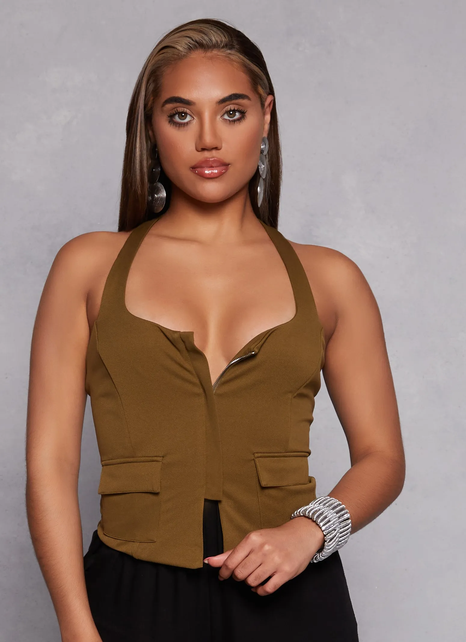 Zip Front Cargo Pocket Halter Top sold by Rainbow