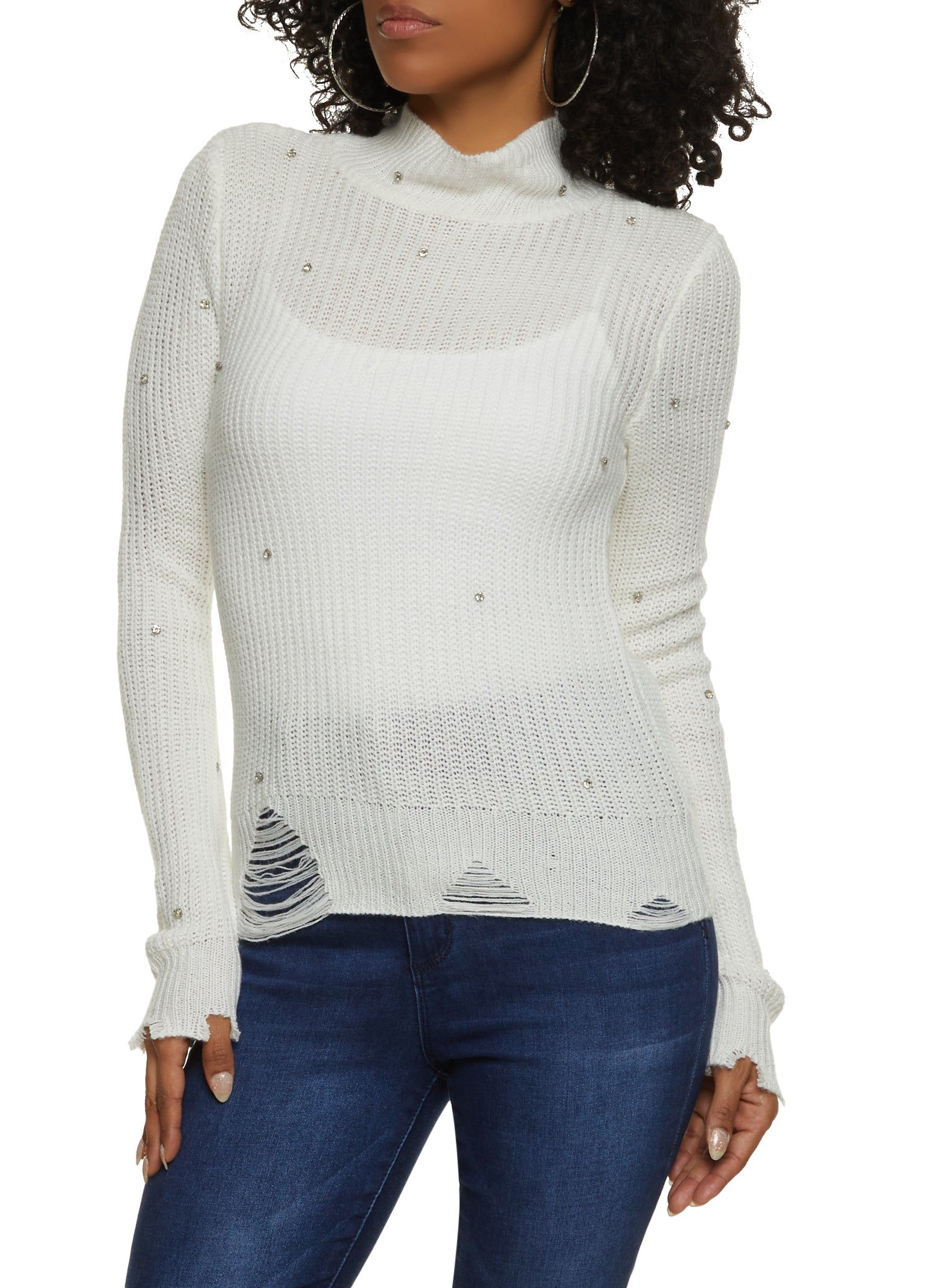 Mock Neck Distressed Rhinestone Sweater sold by Rainbow