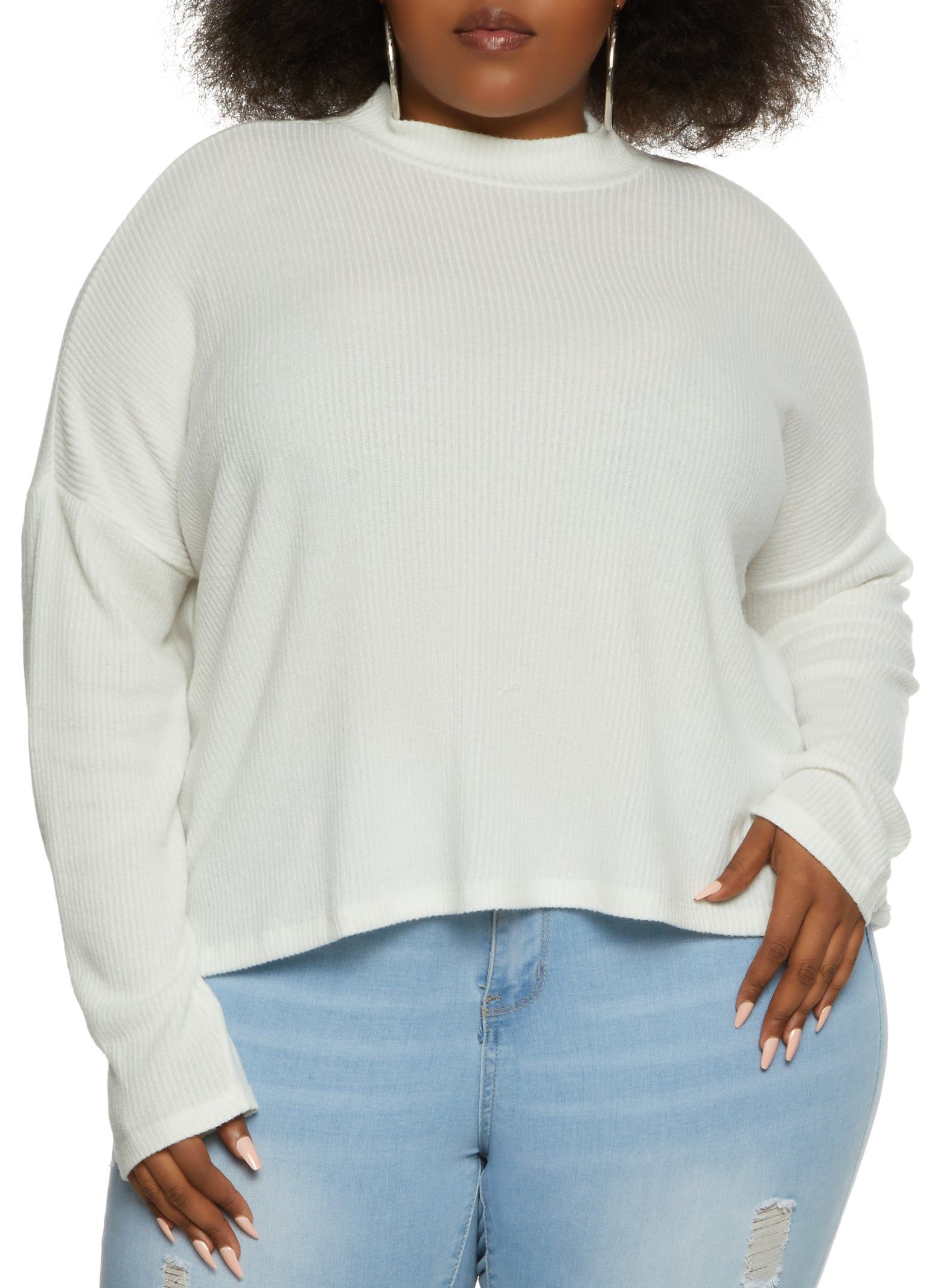Plus Size Mock Neck Ribbed Knit Long Sleeve Top sold by Rainbow