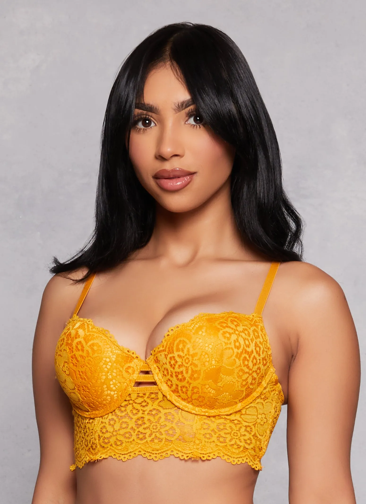 Caged Front Floral Lace Longline Plunge Bra sold by Rainbow