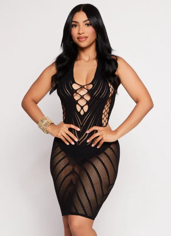 Fishnet Detail Cut Out Seamless Halter Dress sold by Rainbow