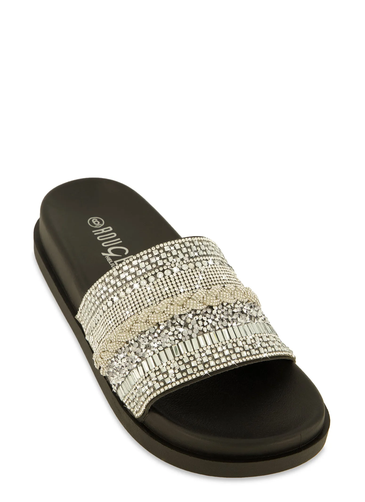 Studded Rhinestone Band Slide Sandals sold by Rainbow