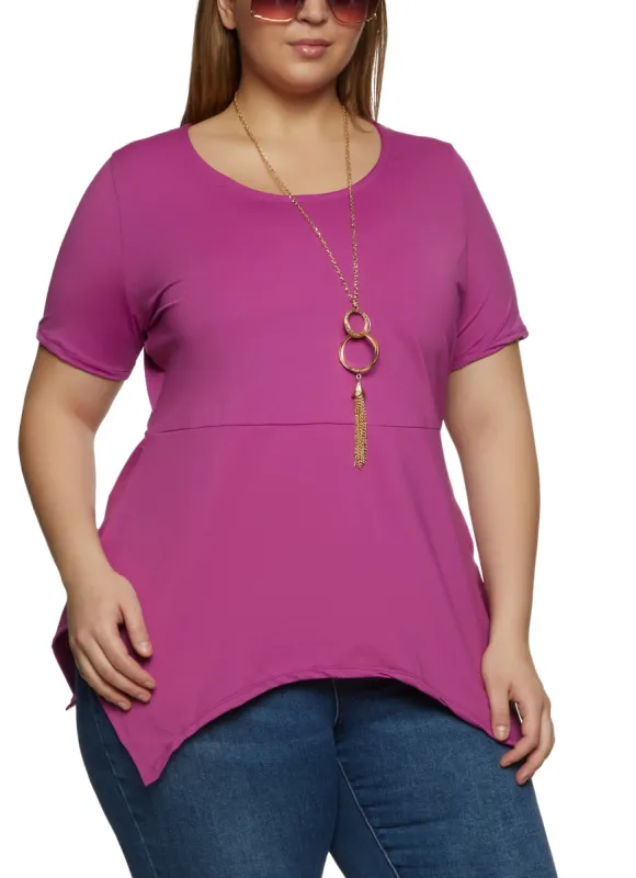 Plus Size Scoop Neck Sharkbite Hem Top with Necklace sold by Rainbow